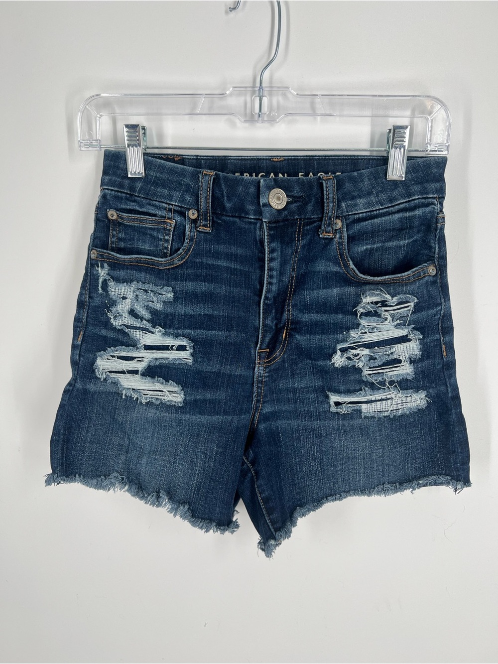 American Eagle Outfitters Dark Blue Distressed Curvy Hi-Rise Shortie Size 2